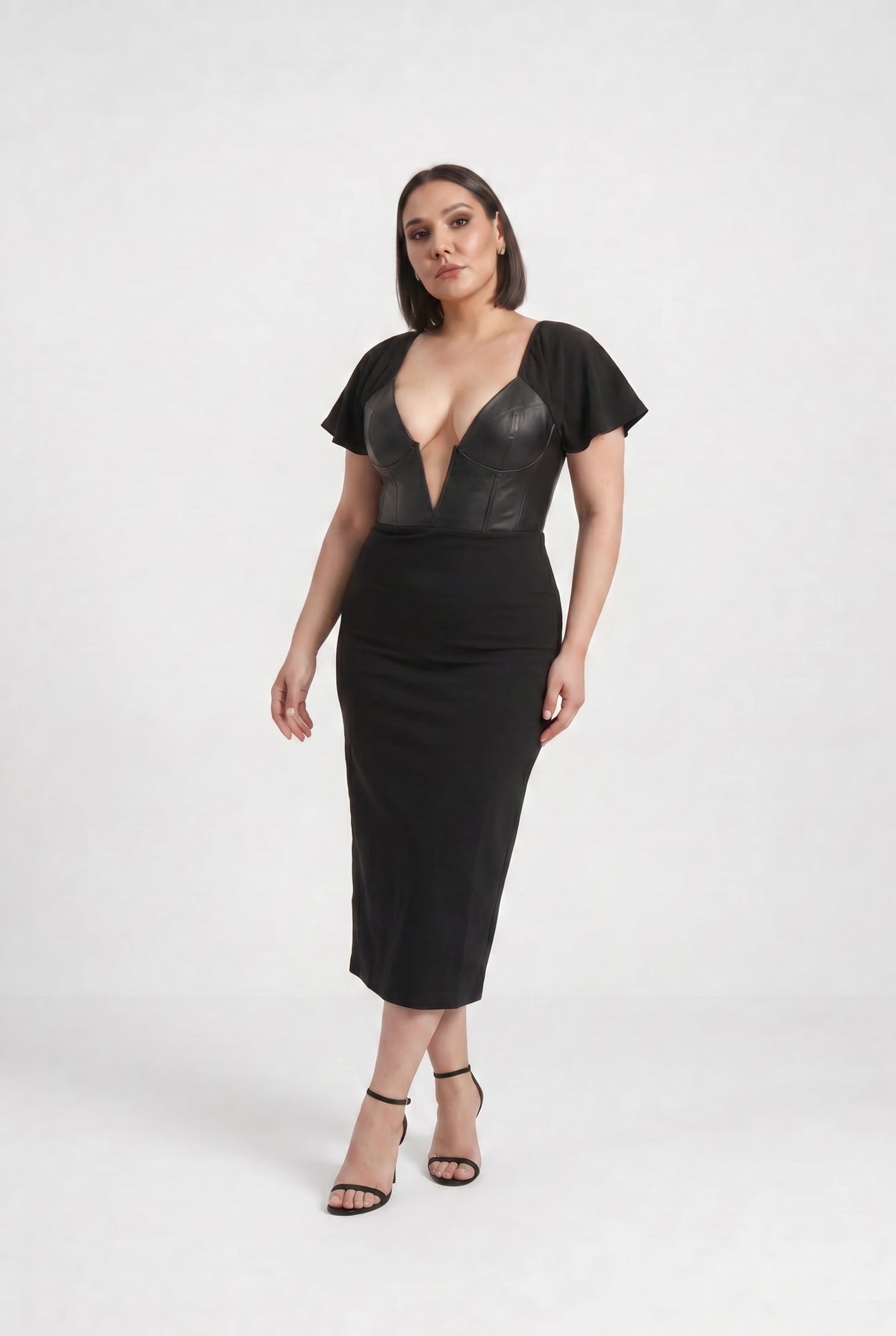 Black Leather Corset Dress - Fitted Statement Bodycon Dress for Women - CallMeLove - Midi Dress