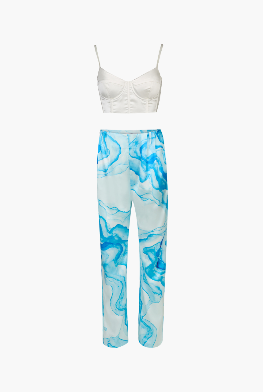 White Bustier and Blue Marble Pants Co-ord Set