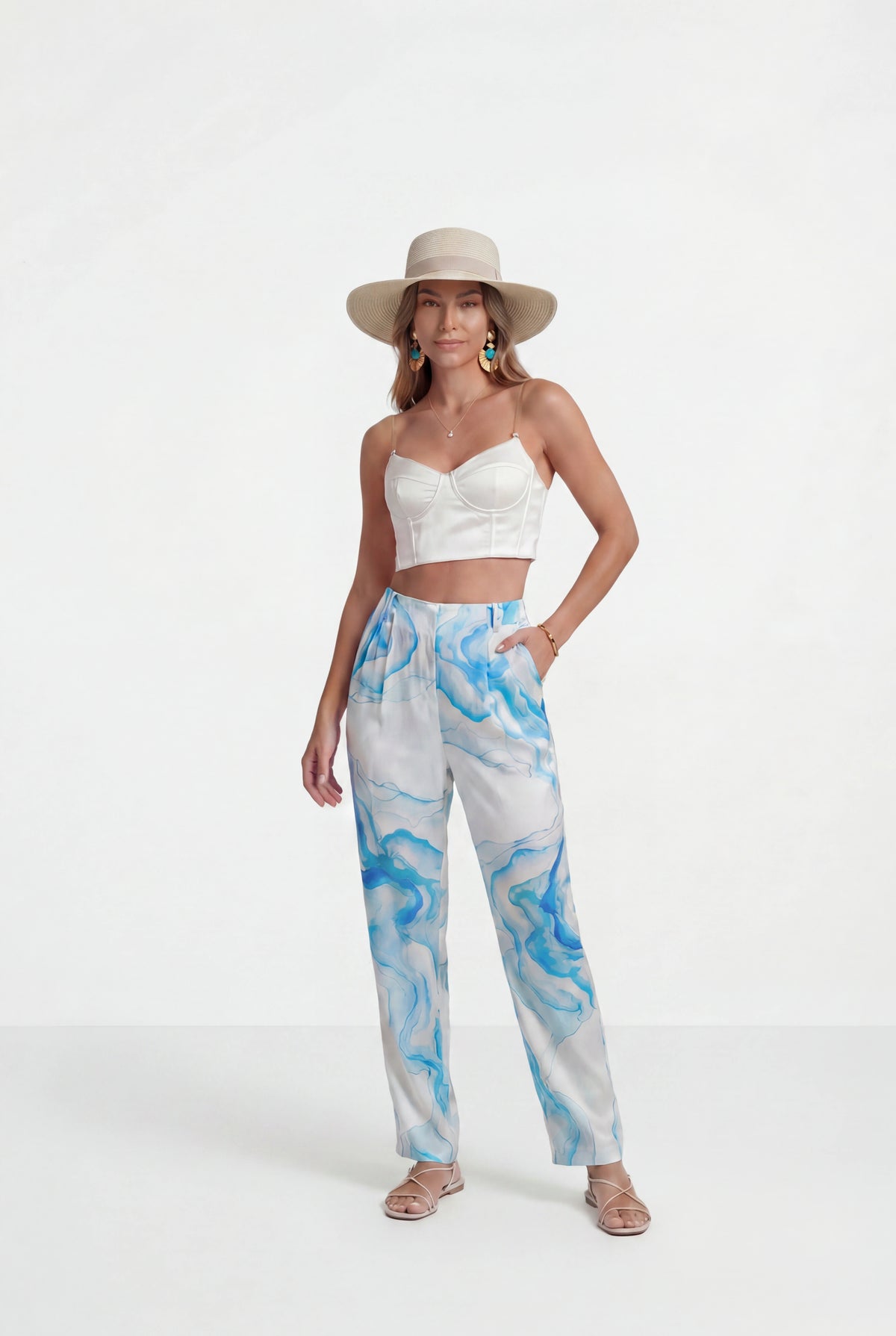 White Bustier and Blue Marble Pants Co-ord Set