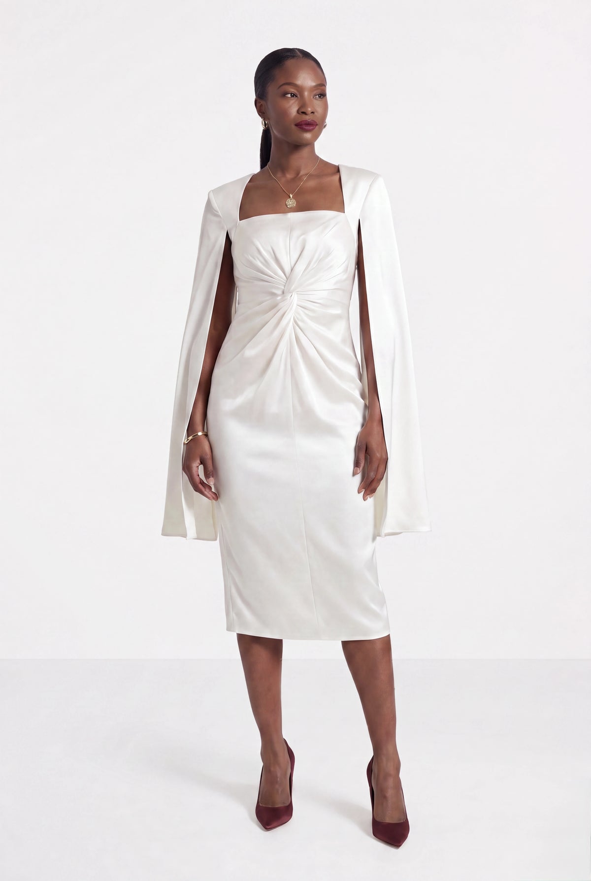 White Satin Drape Midi Dress