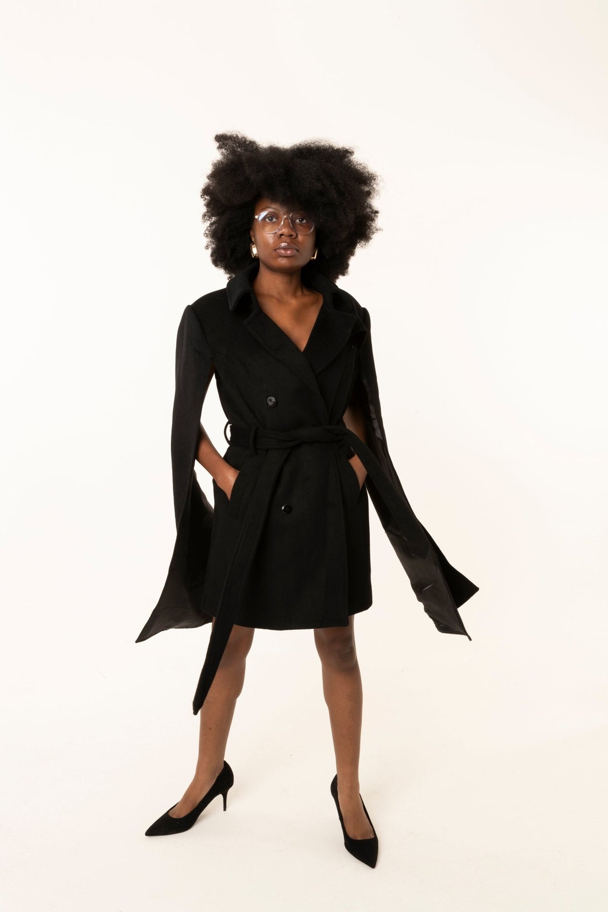 Women Sleeve Wrap Coat – Dramatic Black Trench Style