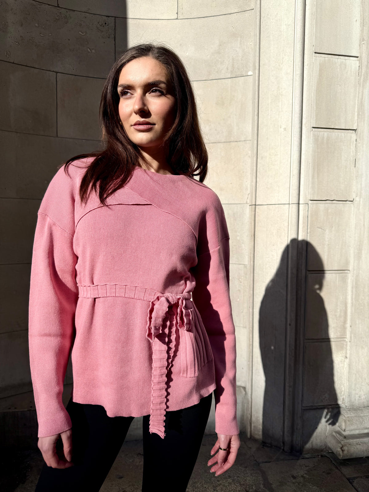 Light Pink Tied Waist Sweater for Women