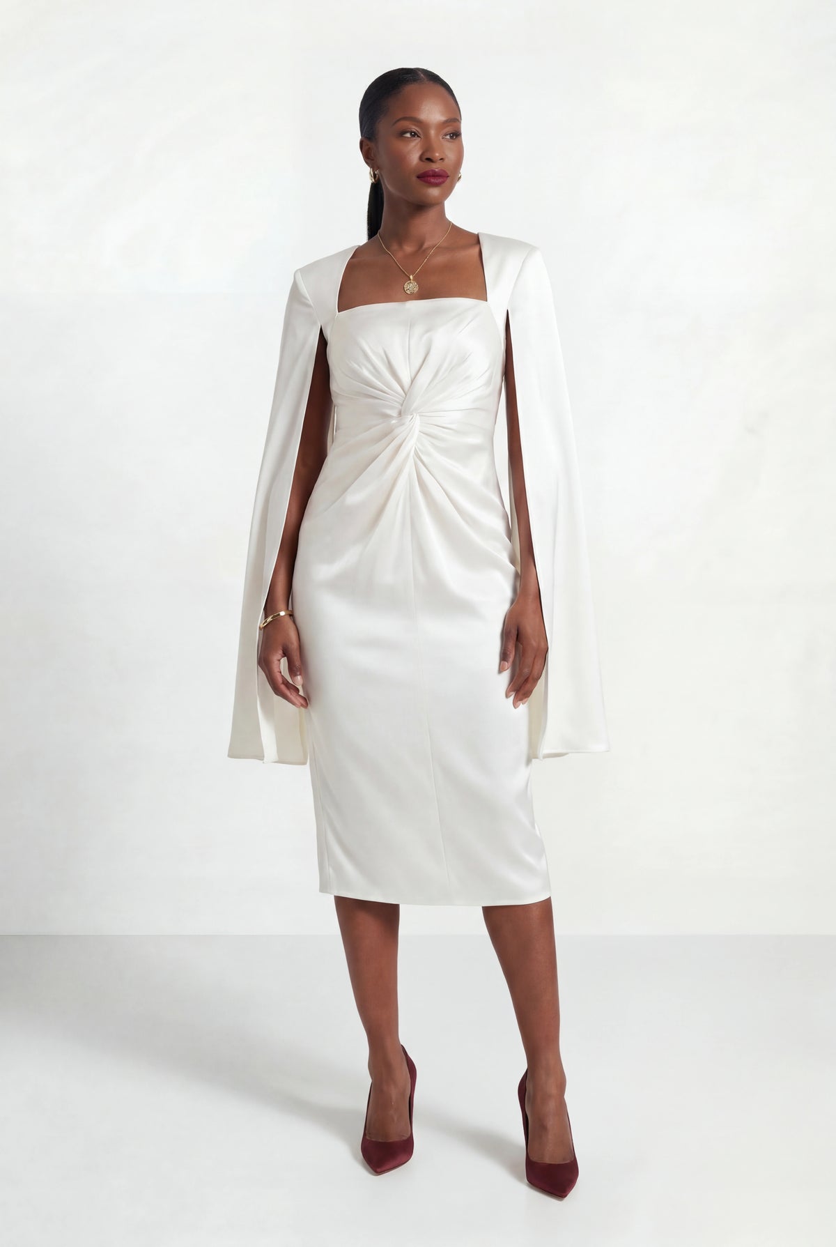White Satin Drape Midi Dress