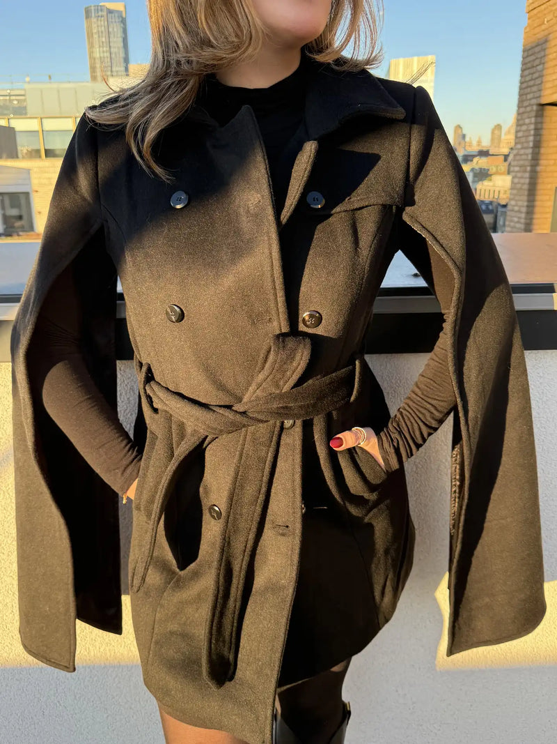 Women Sleeve Wrap Coat – Dramatic Black Trench Style