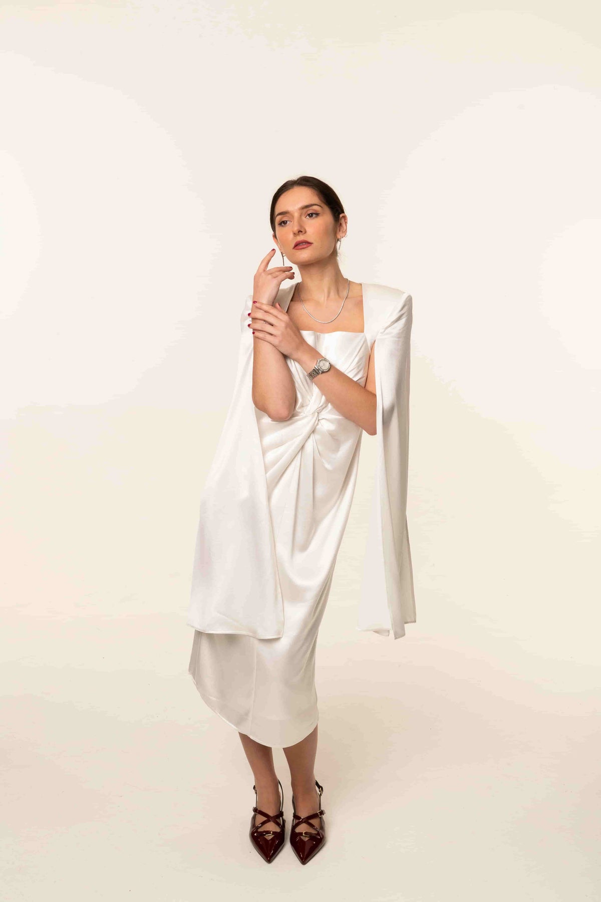 White Satin Shoulder Drape Women Maxi Dress | The GT Fashion