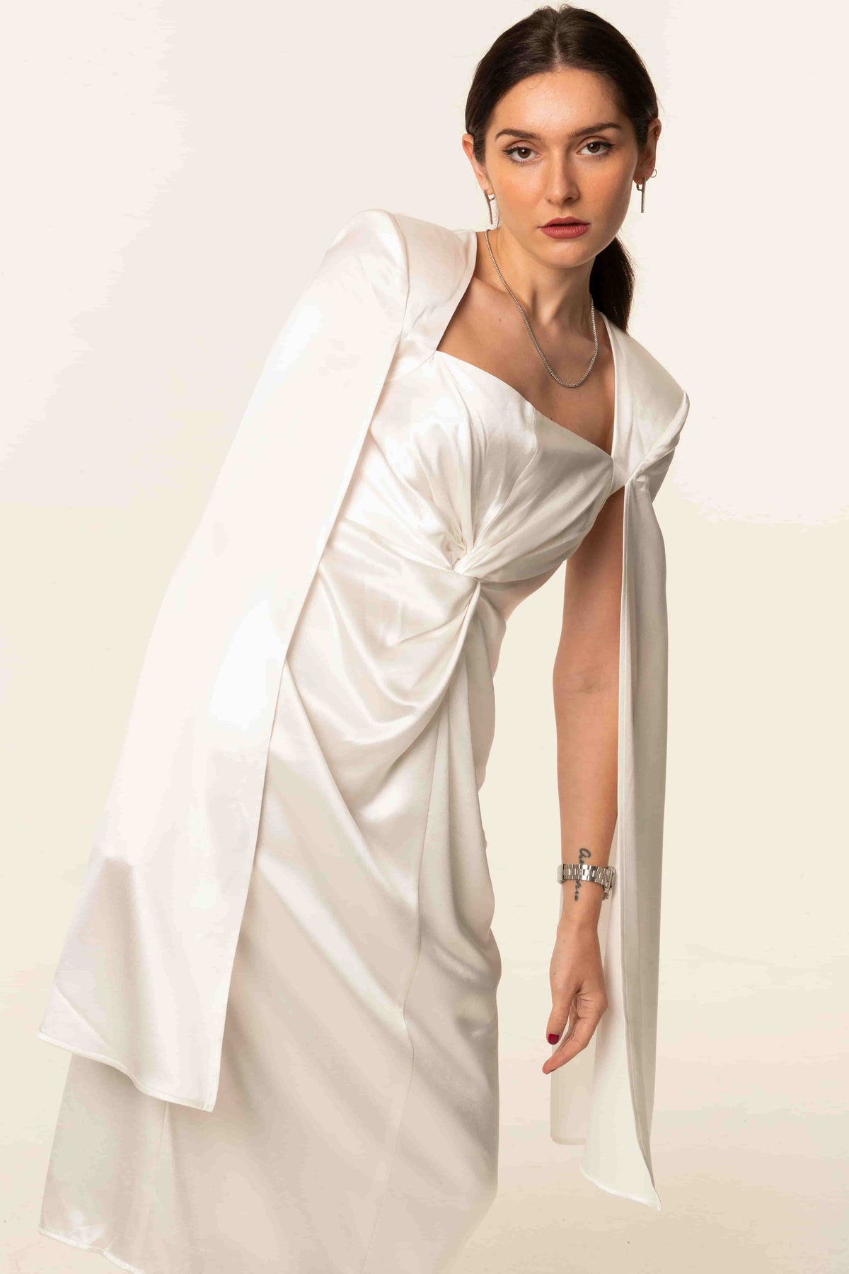 White Satin Shoulder Drape Women Maxi Dress | The GT Fashion