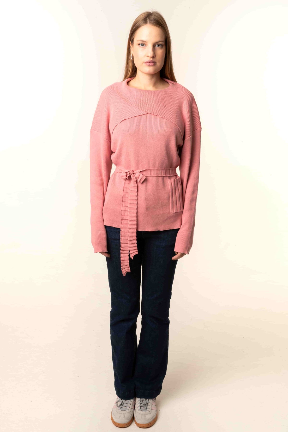 Light Pink Tied Waist Sweater for Women
