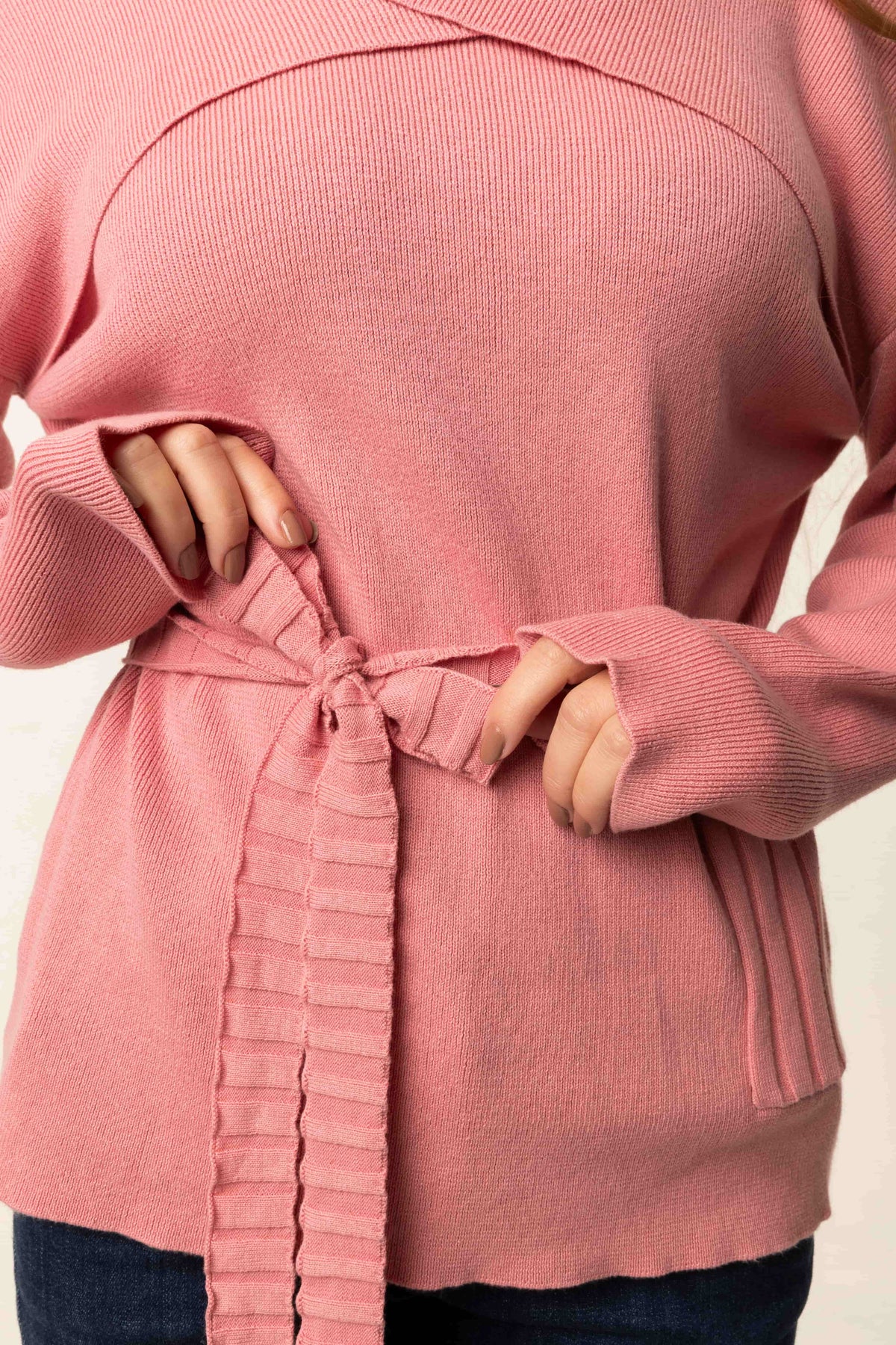 Light Pink Tied Waist Sweater for Women