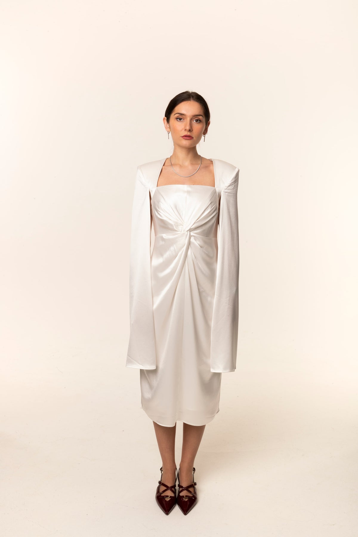 White Satin Shoulder Drape Women Maxi Dress | The GT Fashion